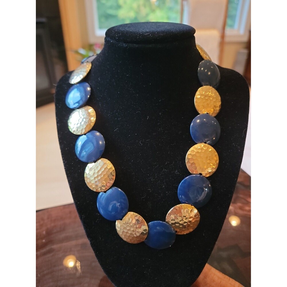 Vintage Gold And Blue Tone Round coin shaped Necklace 8"